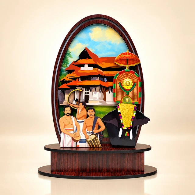 MDF Pooram Elephant and Chenda Melam Temple Showpiece, 11 Inches High