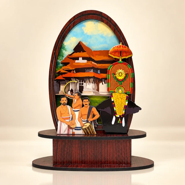 MDF Pooram Elephant and Chenda Melam Temple Showpiece, 8.5 Inches High