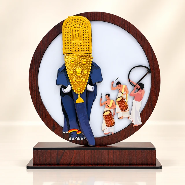 MDF Pooram Elephant and Musicians Round-Frame Memento, 10.5 Inches High — complete product