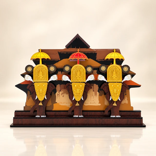 MDF Pooram Elephant Group and Temple Table Showpiece, 13 Inches High — complete product