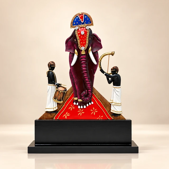 Metal Kerala Elephant Head and Musicians Table Showpiece, 14.5 Inches High — complete product