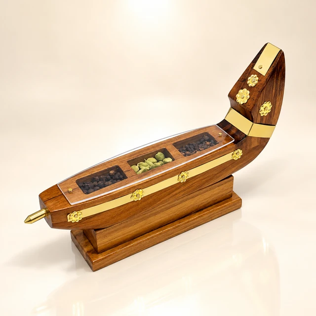 Teakwood Spice-Display Snake Boat Showpiece, 10 Inches Long — complete product