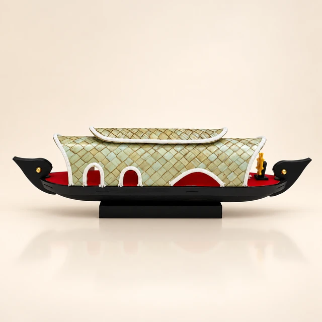 Traditional Kerala Houseboat Miniature on Display Base, 12.5 Inches Long — complete product
