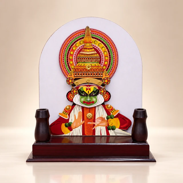 Wooden Kathakali Face Pen Holder with Decorative Backdrop, 11 Inches High — complete product
