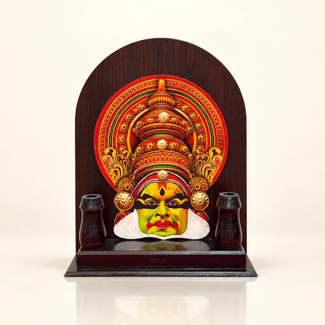 Wooden Kathakali Head Pen Stand, 11 Inches High — complete product