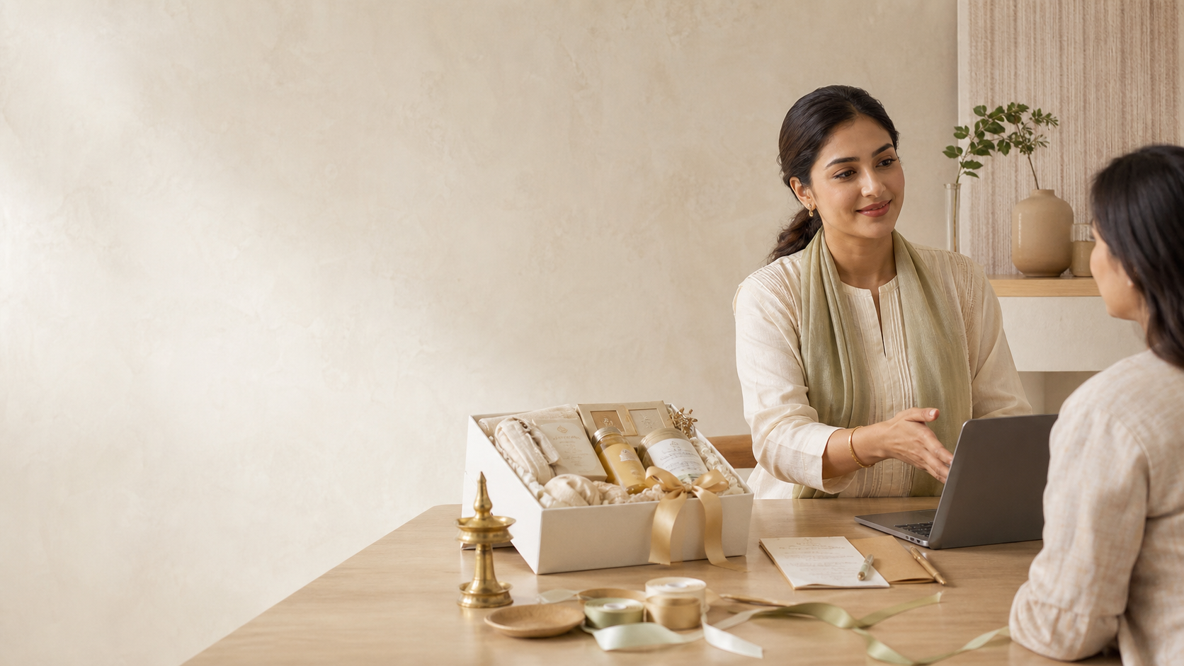 An Angroos gifting specialist helping a customer plan a thoughtful gift
