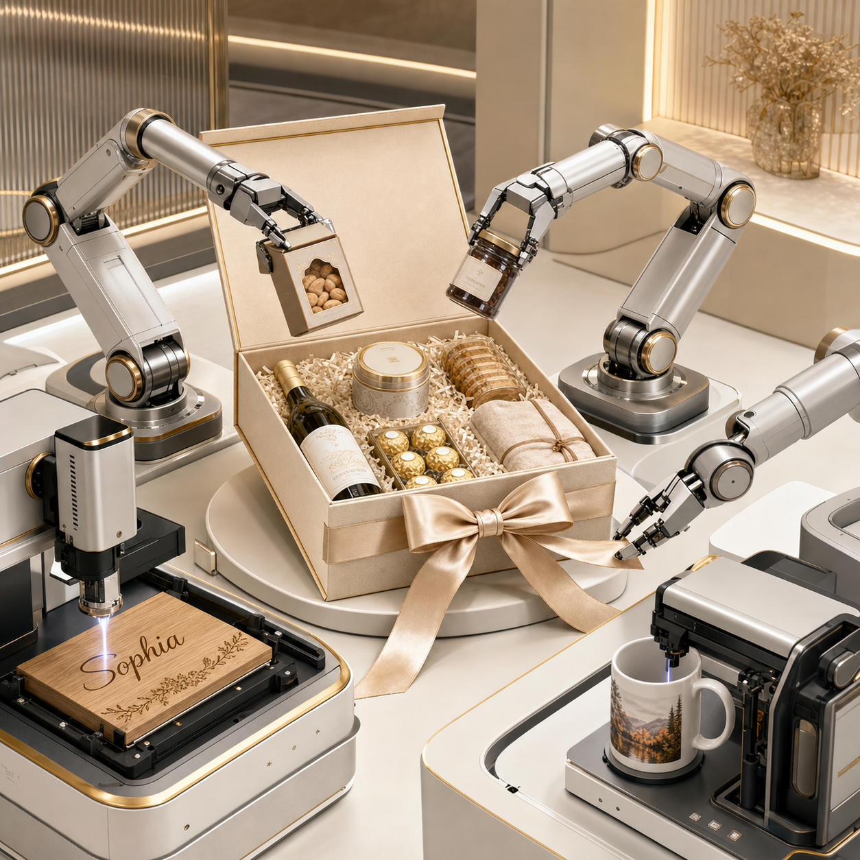 Robotic arms assembling, personalising and finishing an Angroos hamper