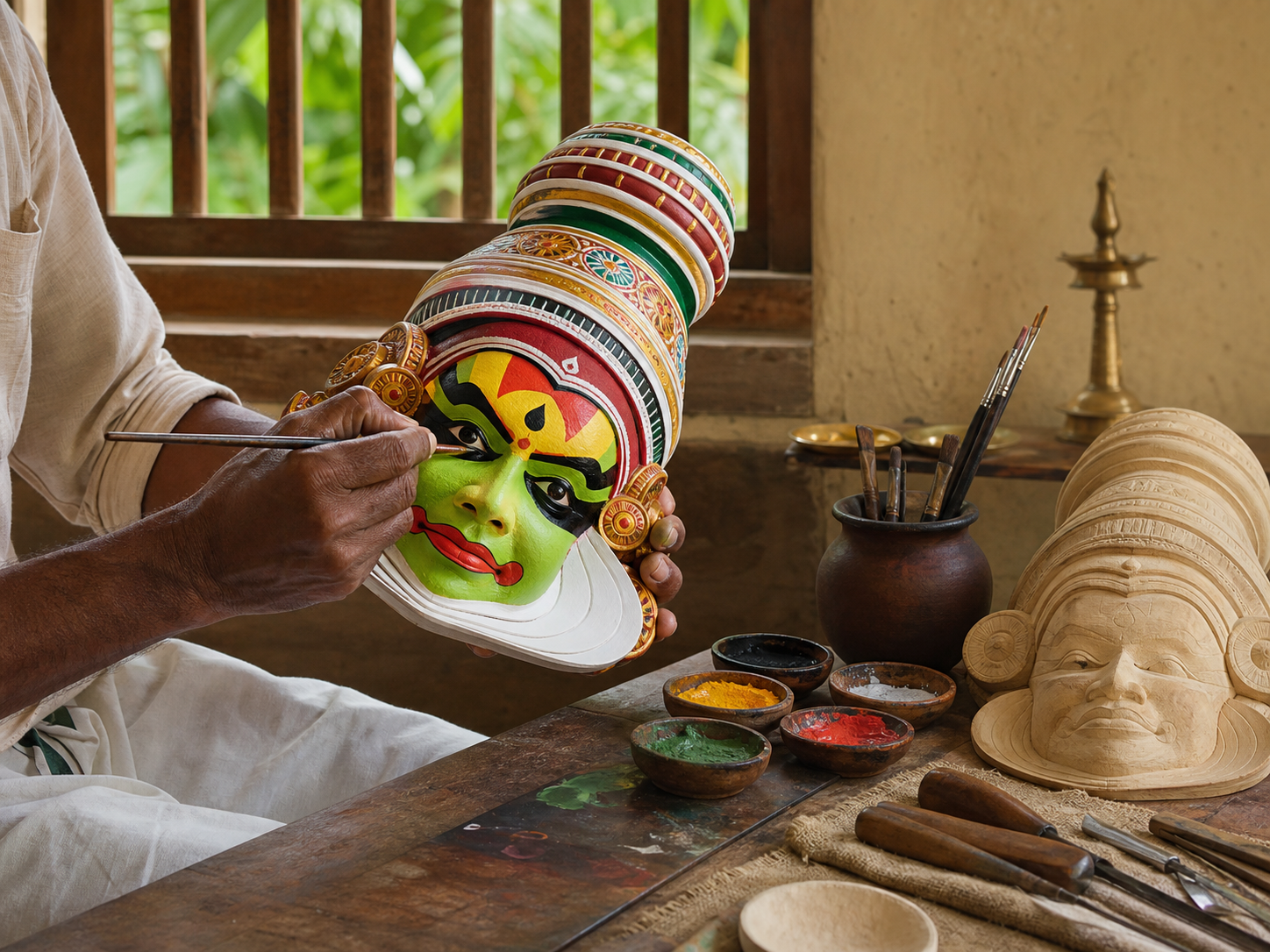 A Kerala artisan painting a traditional Kathakali mask by hand