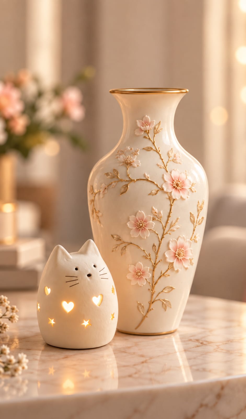 Cream vase with pink flowers and gold detailing beside a glowing cat-shaped lantern