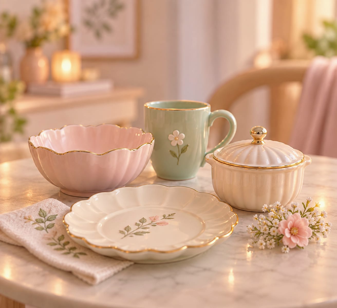 Pastel floral tableware with gold rims, a green mug and an embroidered napkin