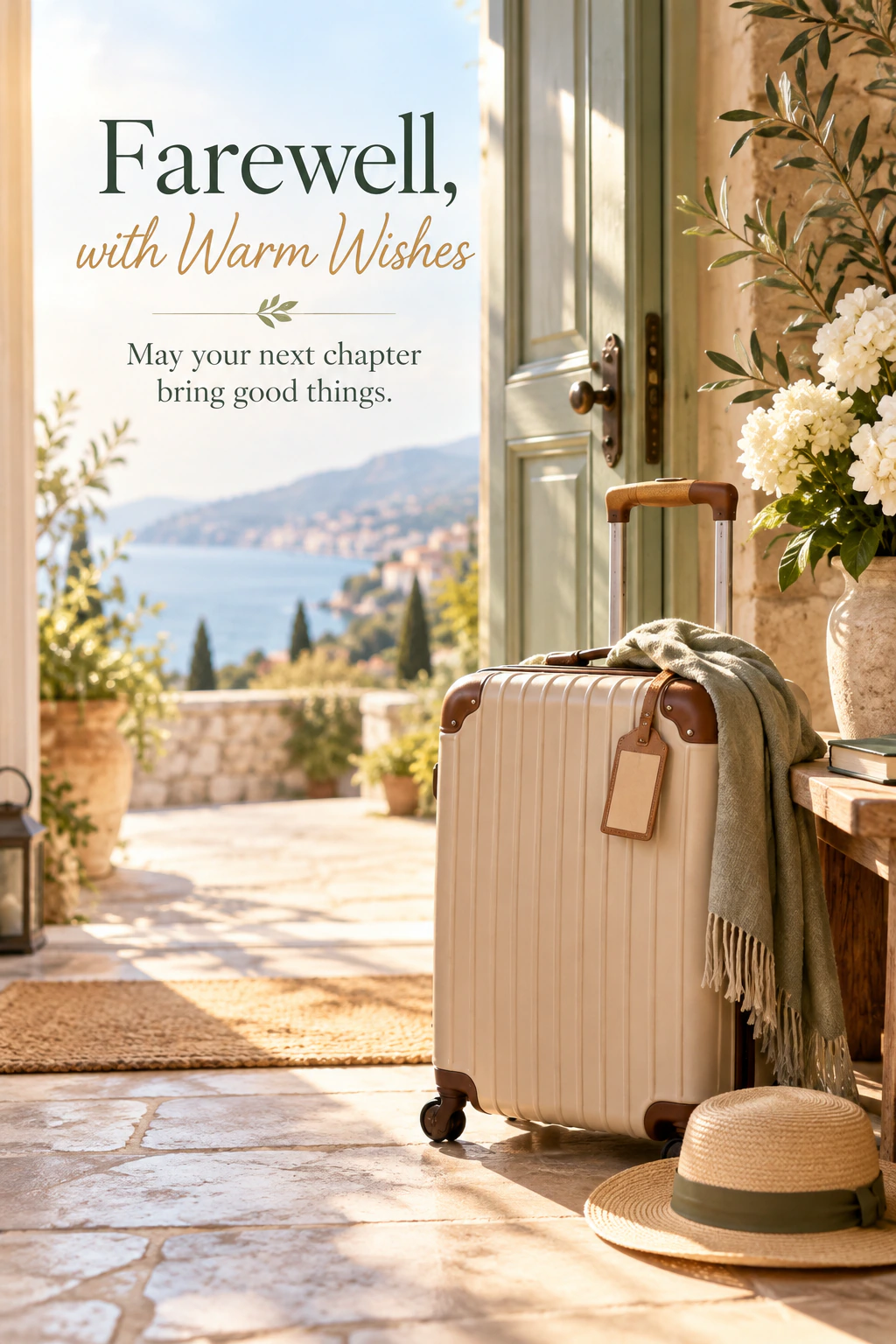 Farewell greeting design 01: Farewell, with Warm Wishes. May your next chapter bring good things.