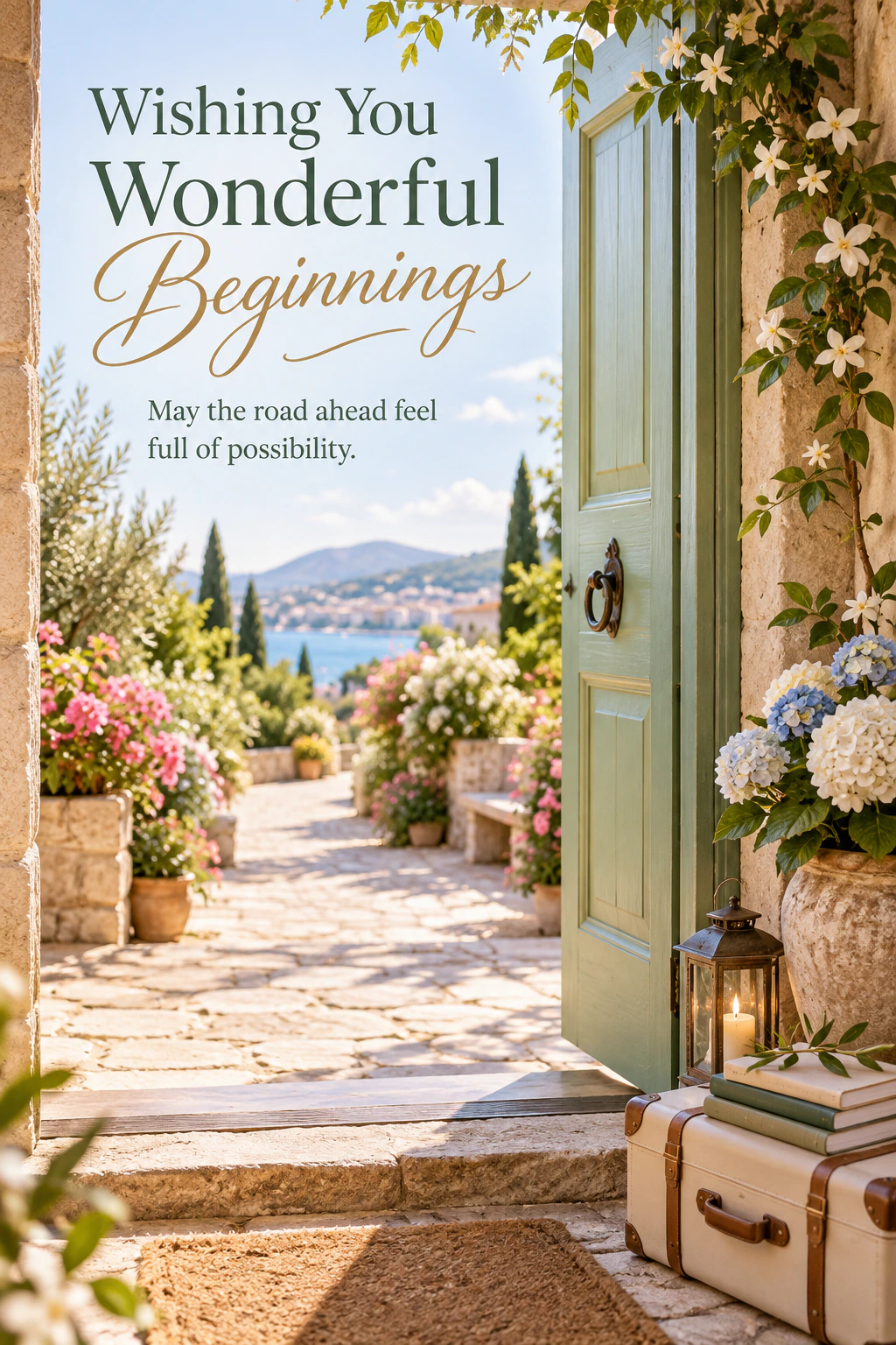 Farewell greeting design 06: Wishing You Wonderful Beginnings. May the road ahead feel full of possibility.