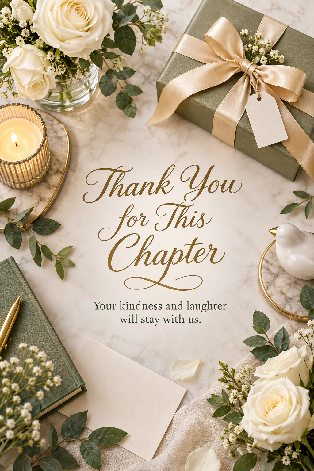 Farewell greeting design 07: Thank You for This Chapter. Your kindness and laughter will stay with us.