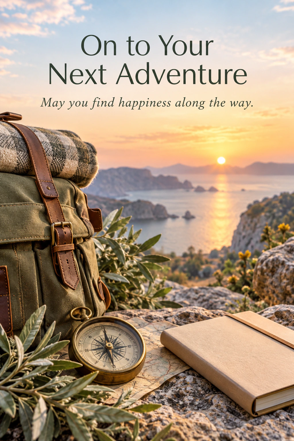 Farewell greeting design 08: On to Your Next Adventure. May you find happiness along the way.