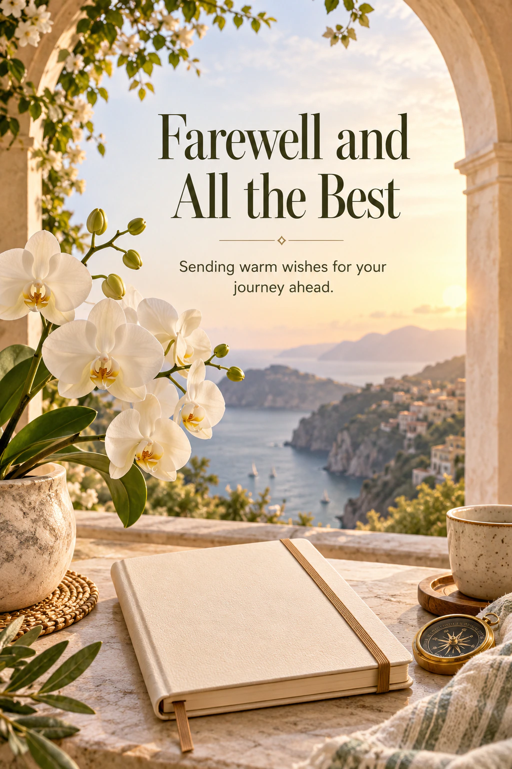 Farewell greeting design 09: Farewell and All the Best. Sending warm wishes for your journey ahead.