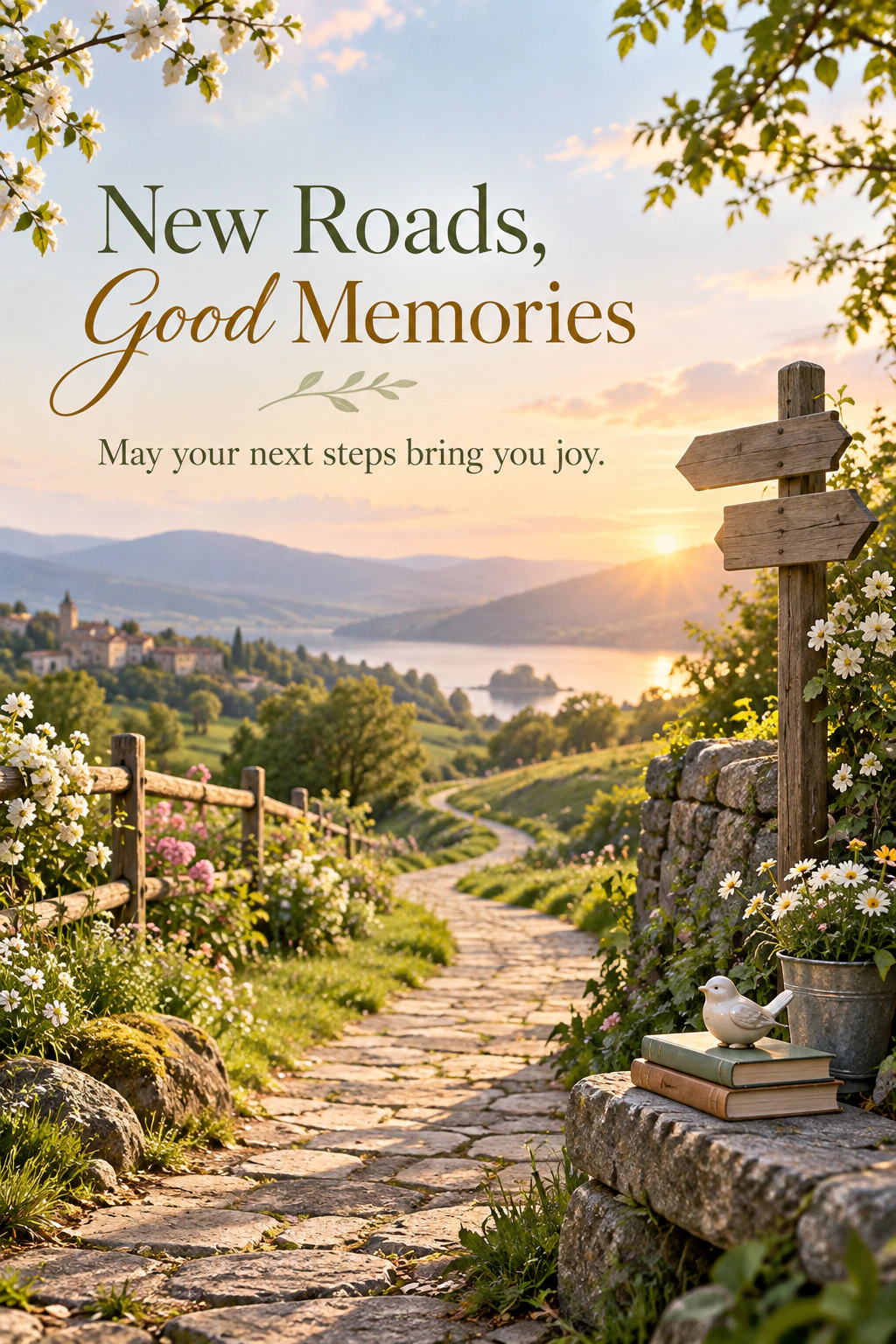 Farewell greeting design 11: New Roads, Good Memories. May your next steps bring you joy.