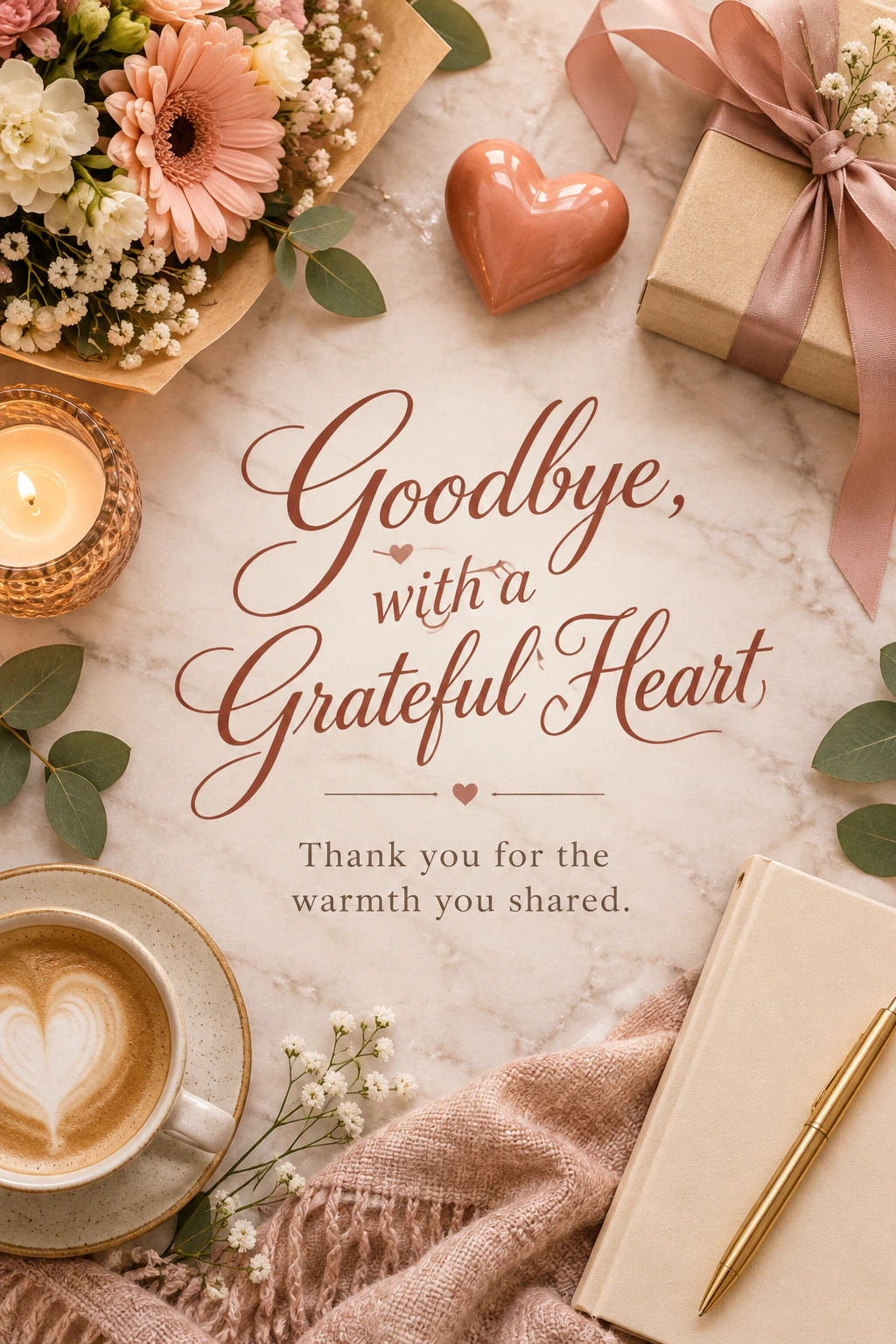 Farewell greeting design 22: Goodbye, with a Grateful Heart. Thank you for the warmth you shared.