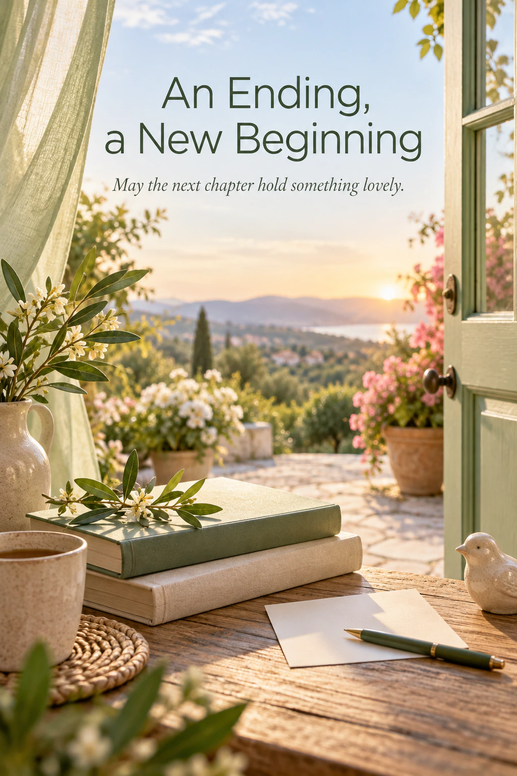 Farewell greeting design 23: An Ending, a New Beginning. May the next chapter hold something lovely.