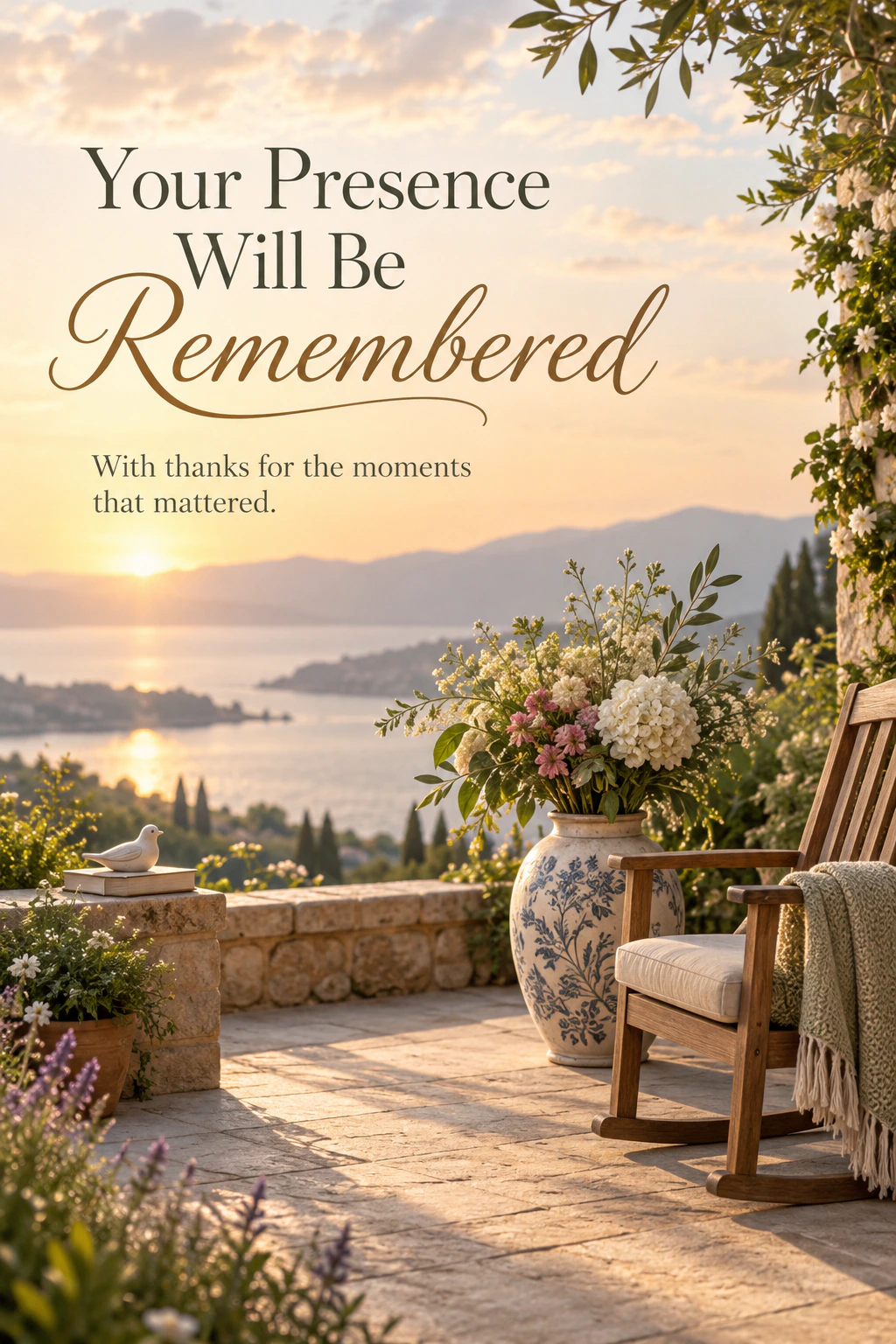 Farewell greeting design 26: Your Presence Will Be Remembered. With thanks for the moments that mattered.