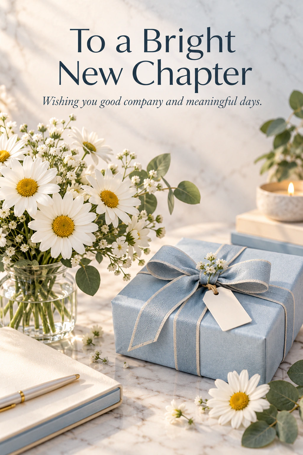 Farewell greeting design 28: To a Bright New Chapter. Wishing you good company and meaningful days.