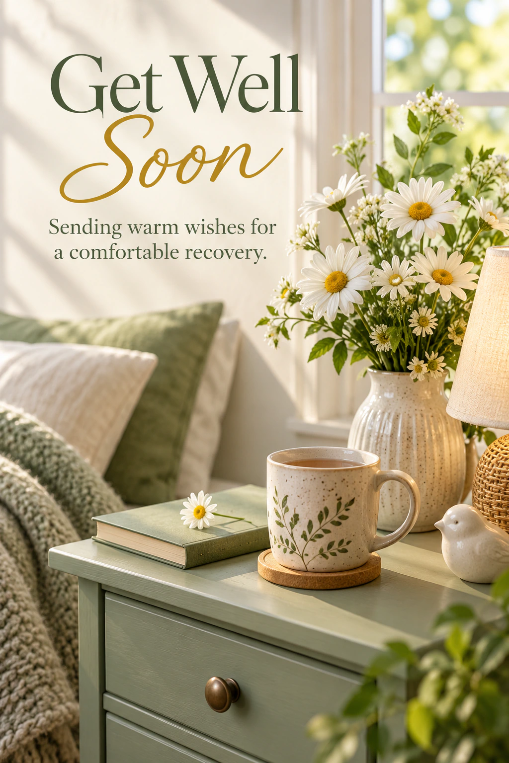 Get Well Soon greeting design 01: Get Well Soon. Sending warm wishes for a comfortable recovery.