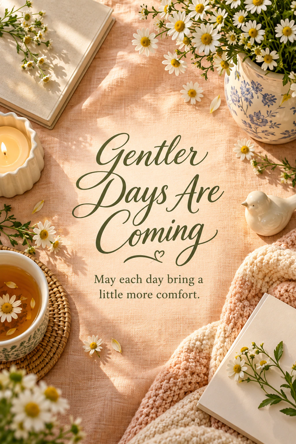 Get Well Soon greeting design 02: Gentler Days Are Coming. May each day bring a little more comfort.