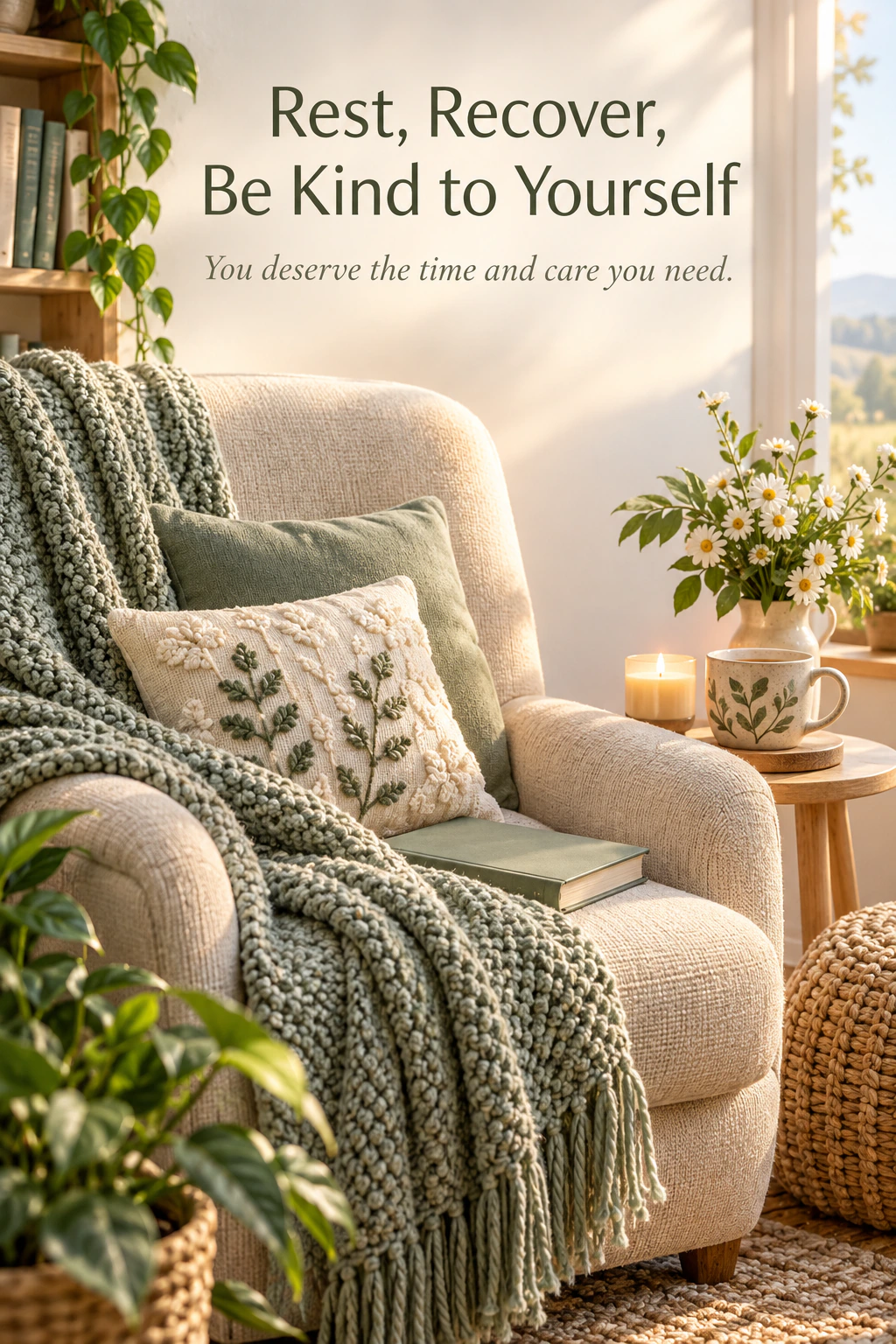 Get Well Soon greeting design 03: Rest, Recover, Be Kind to Yourself. You deserve the time and care you need.