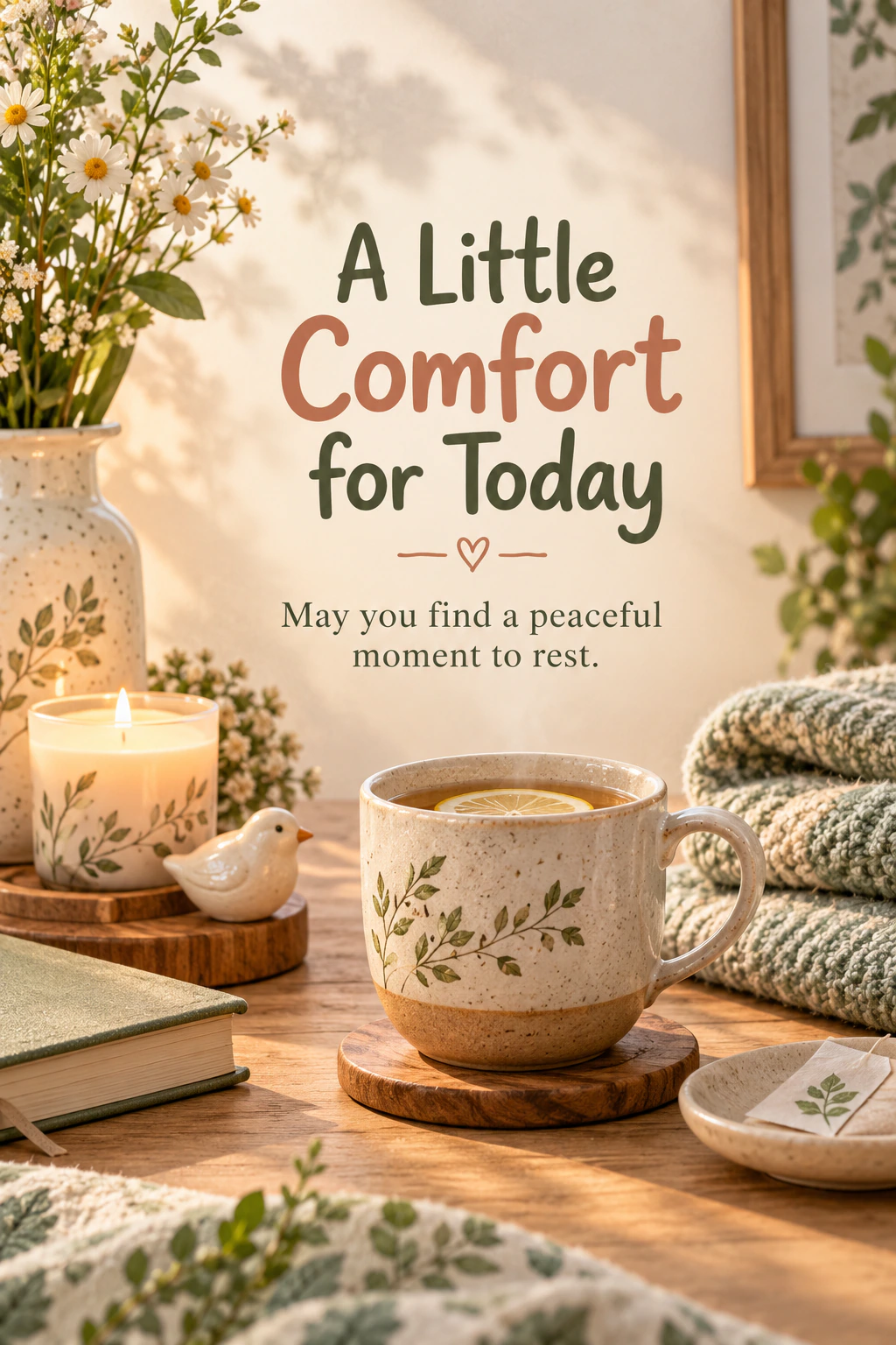 Get Well Soon greeting design 05: A Little Comfort for Today. May you find a peaceful moment to rest.