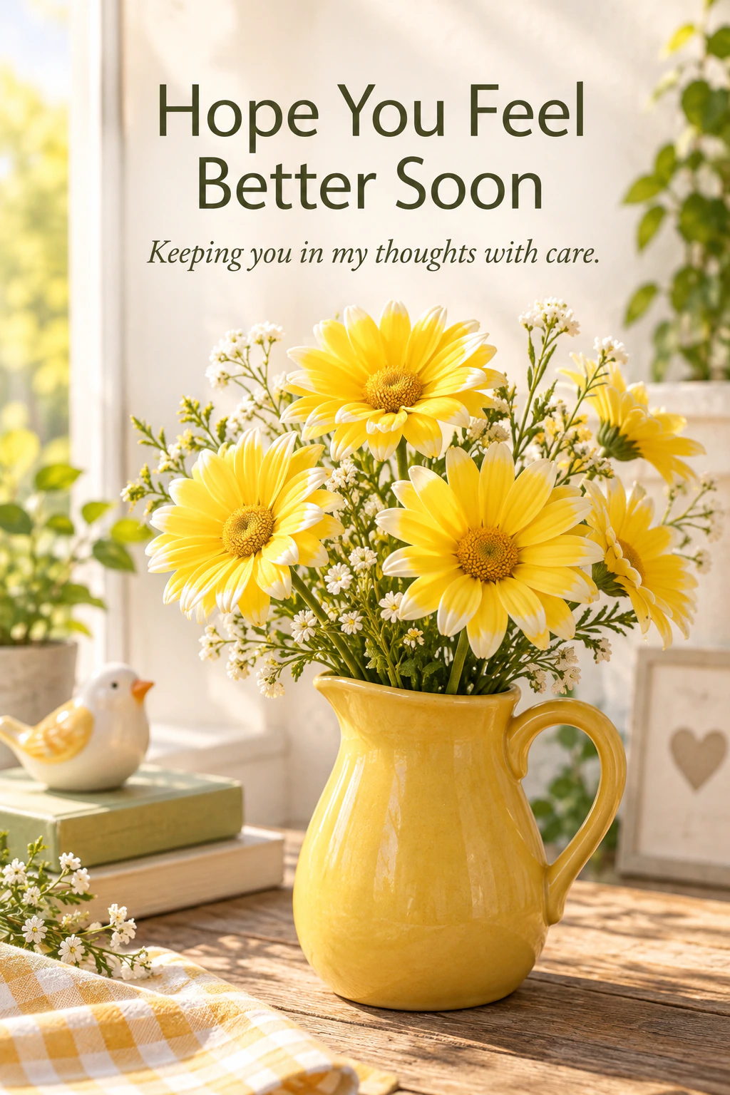 Get Well Soon greeting design 08: Hope You Feel Better Soon. Keeping you in my thoughts with care.