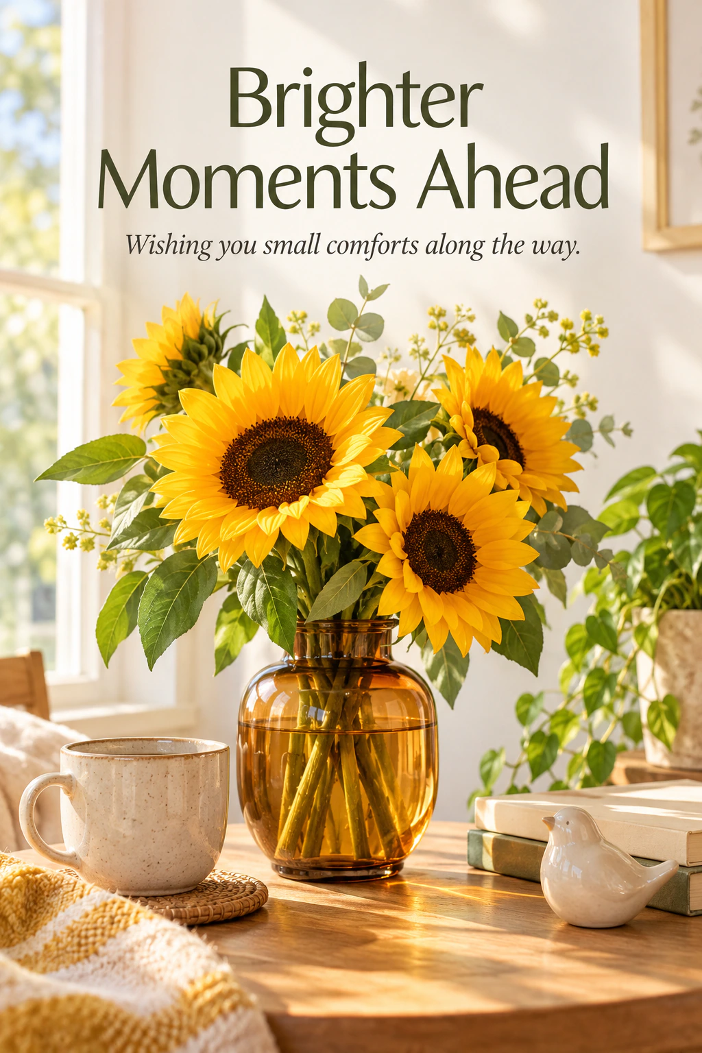 Get Well Soon greeting design 13: Brighter Moments Ahead. Wishing you small comforts along the way.