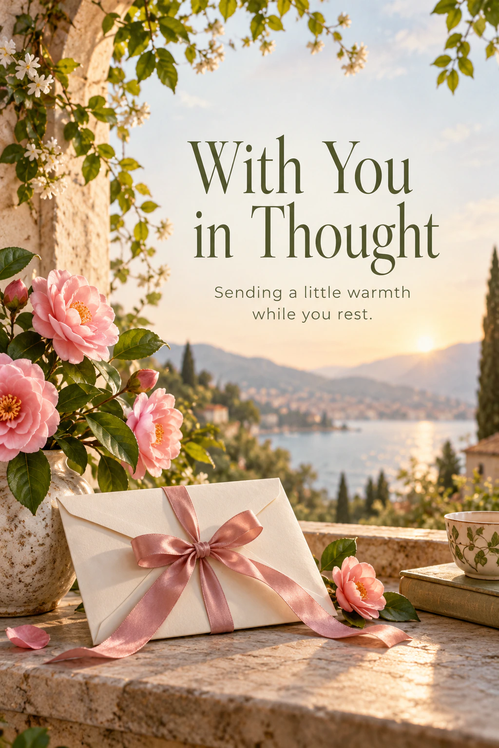 Get Well Soon greeting design 14: With You in Thought. Sending a little warmth while you rest.