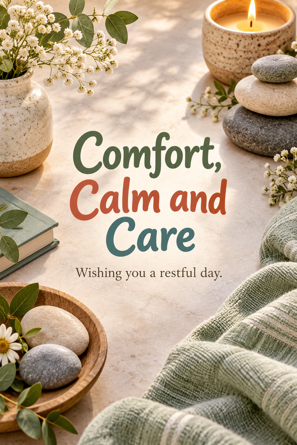 Get Well Soon greeting design 15: Comfort, Calm and Care. Wishing you a restful day.