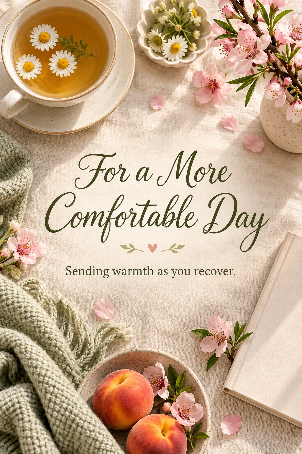 Get Well Soon greeting design 22: For a More Comfortable Day. Sending warmth as you recover.