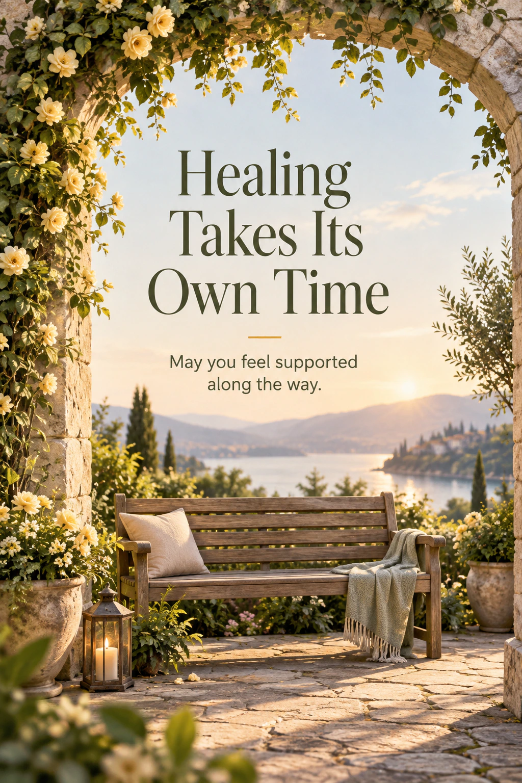 Get Well Soon greeting design 24: Healing Takes Its Own Time. May you feel supported along the way.