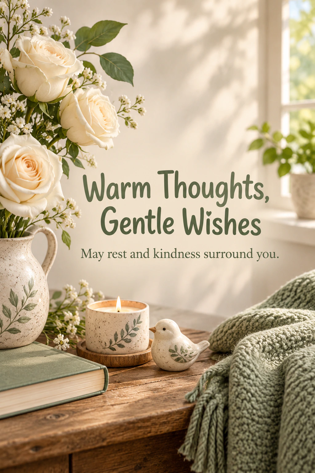 Get Well Soon greeting design 25: Warm Thoughts, Gentle Wishes. May rest and kindness surround you.