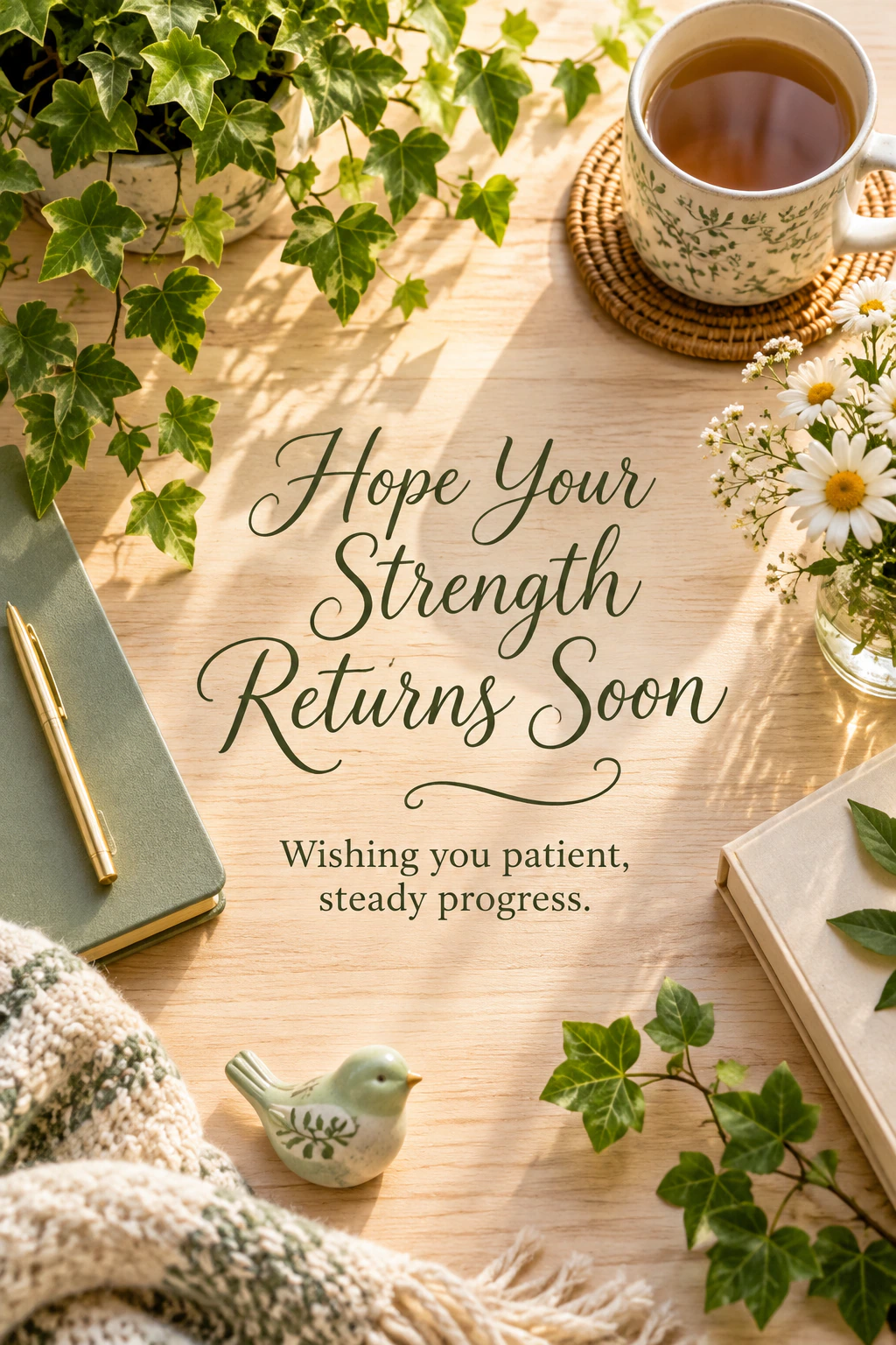 Get Well Soon greeting design 27: Hope Your Strength Returns Soon. Wishing you patient, steady progress.