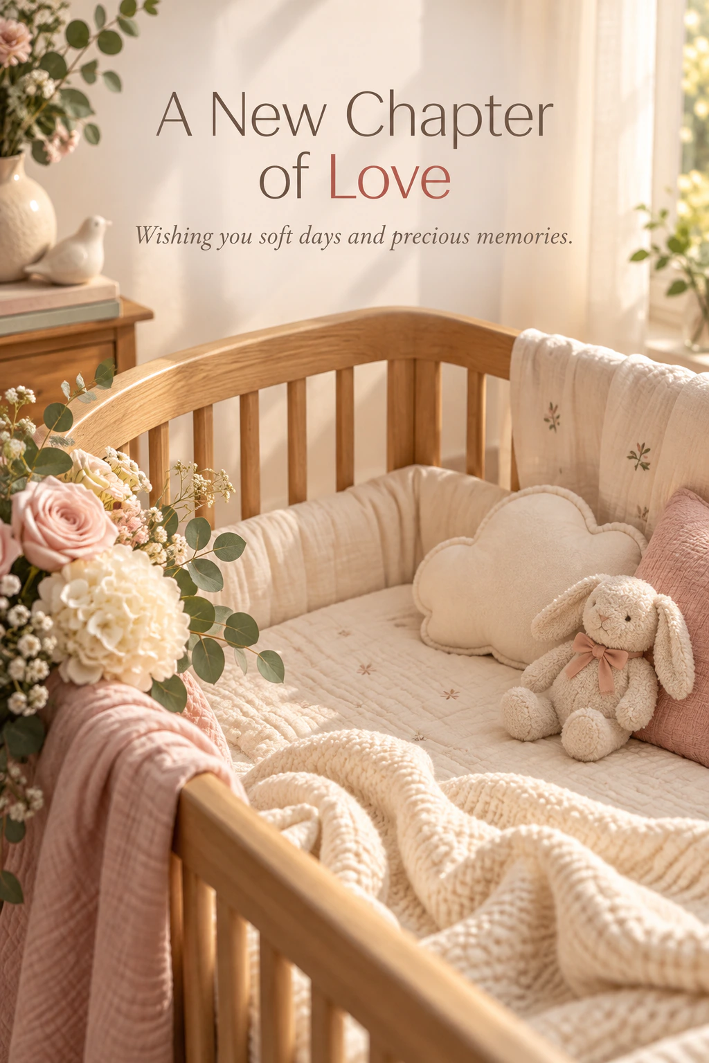 New baby greeting design 08: A New Chapter of Love. Wishing you soft days and precious memories.