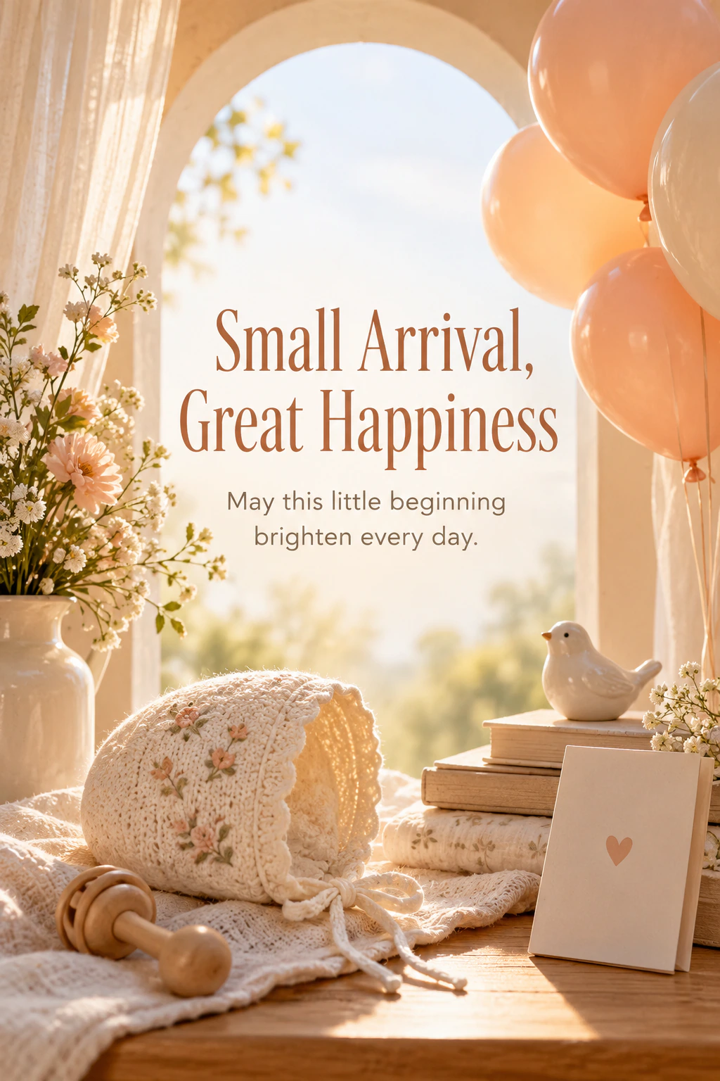 New baby greeting design 09: Small Arrival, Great Happiness. May this little beginning brighten every day.