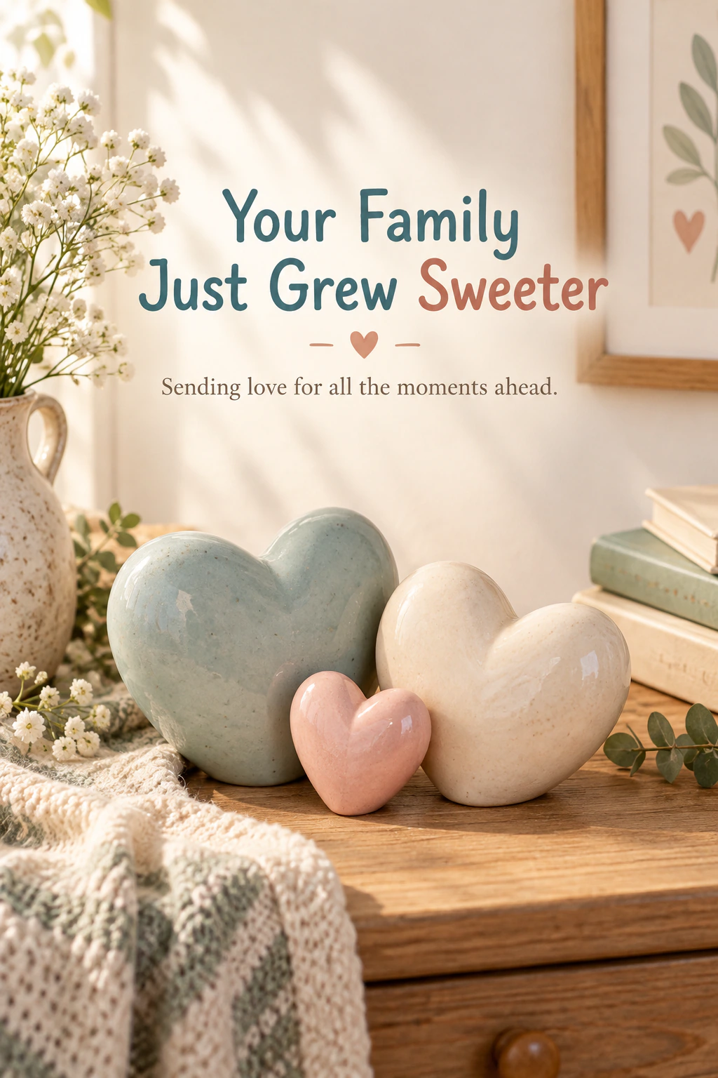 New baby greeting design 10: Your Family Just Grew Sweeter. Sending love for all the moments ahead.