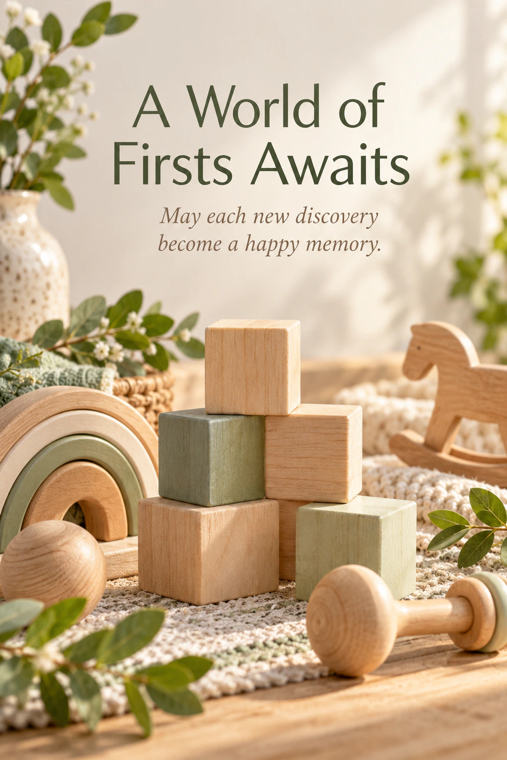 New baby greeting design 18: A World of Firsts Awaits. May each new discovery become a happy memory.