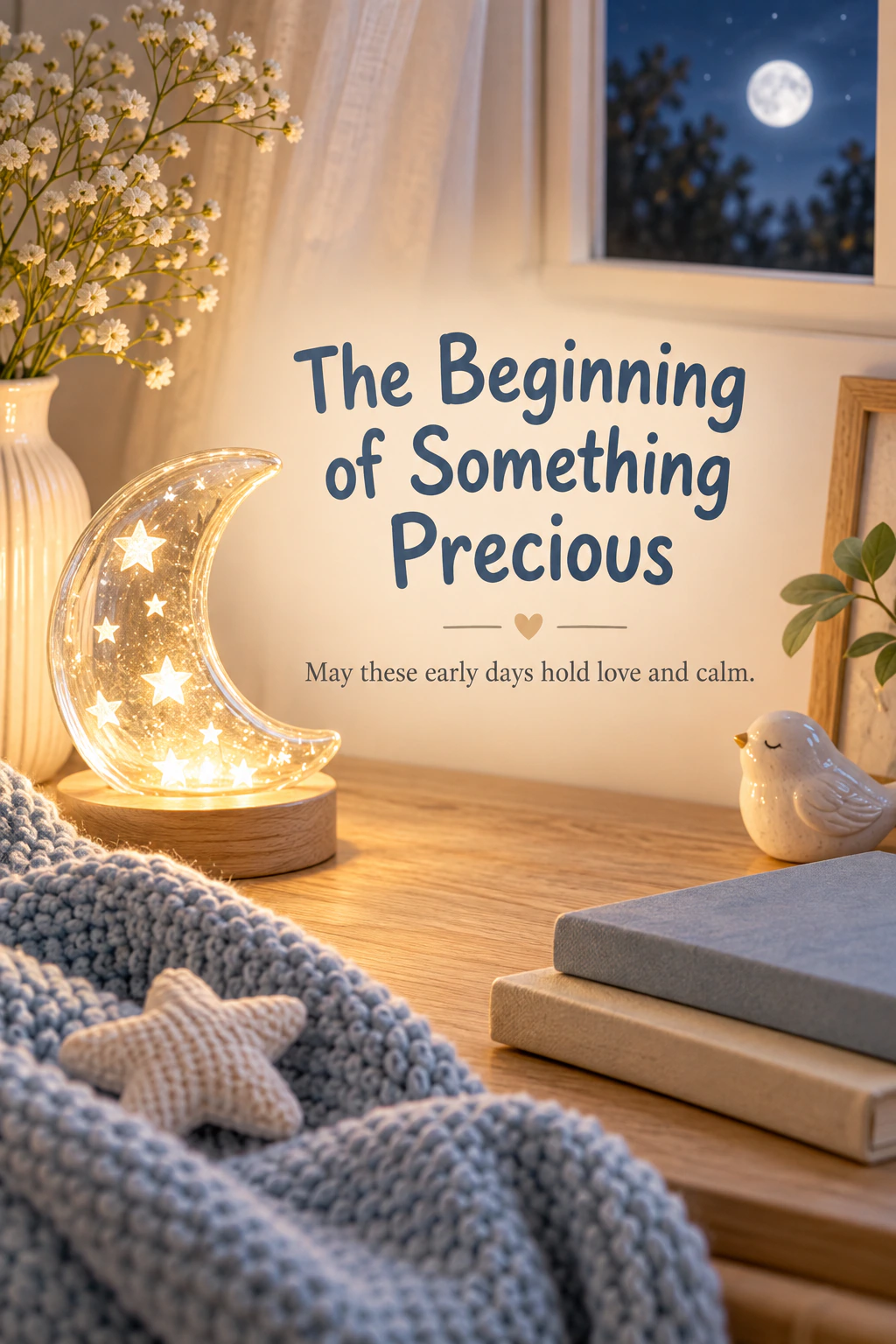 New baby greeting design 20: The Beginning of Something Precious. May these early days hold love and calm.