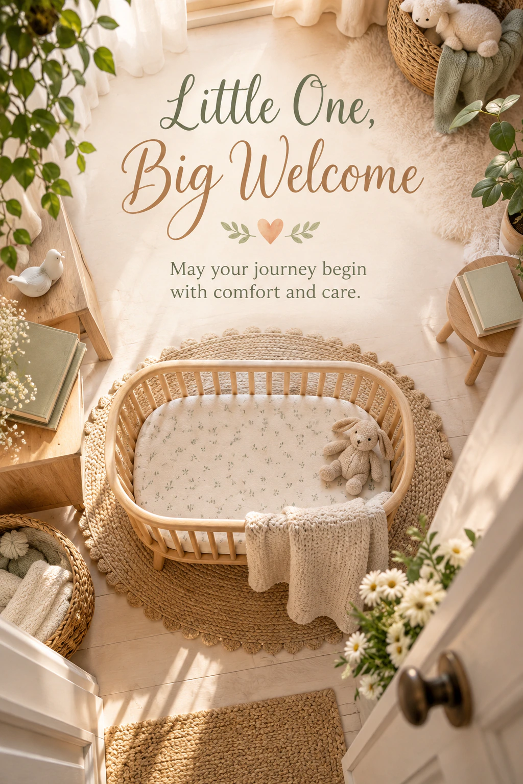 New baby greeting design 22: Little One, Big Welcome. May your journey begin with comfort and care.