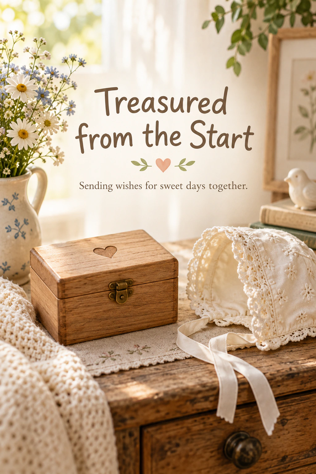 New baby greeting design 25: Treasured from the Start. Sending wishes for sweet days together.