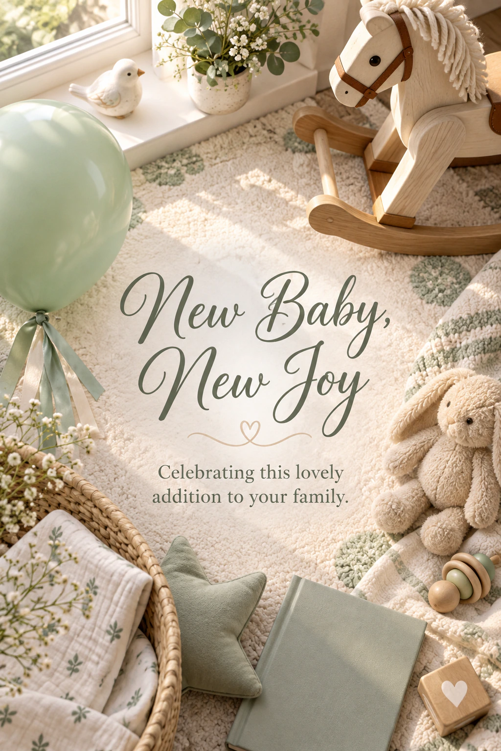 New baby greeting design 27: New Baby, New Joy. Celebrating this lovely addition to your family.