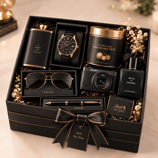 Black luxury gift box with watch, sunglasses, camera, fragrance and gold-accented keepsakes