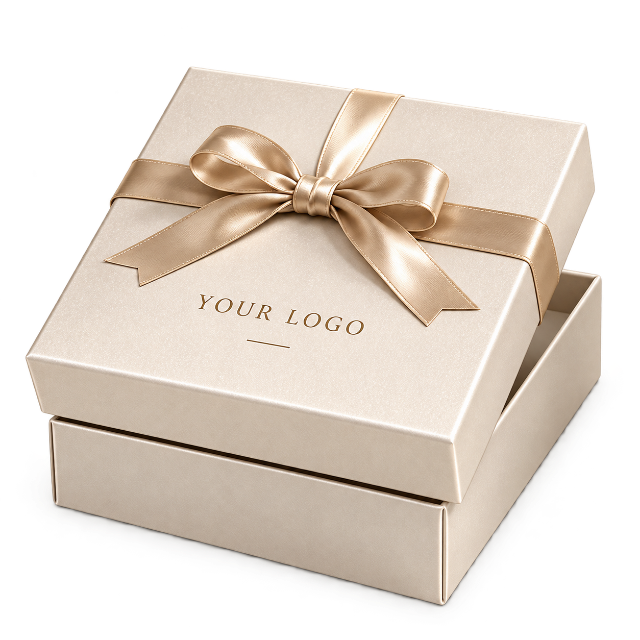 Ivory branded gift box with champagne ribbon and your logo