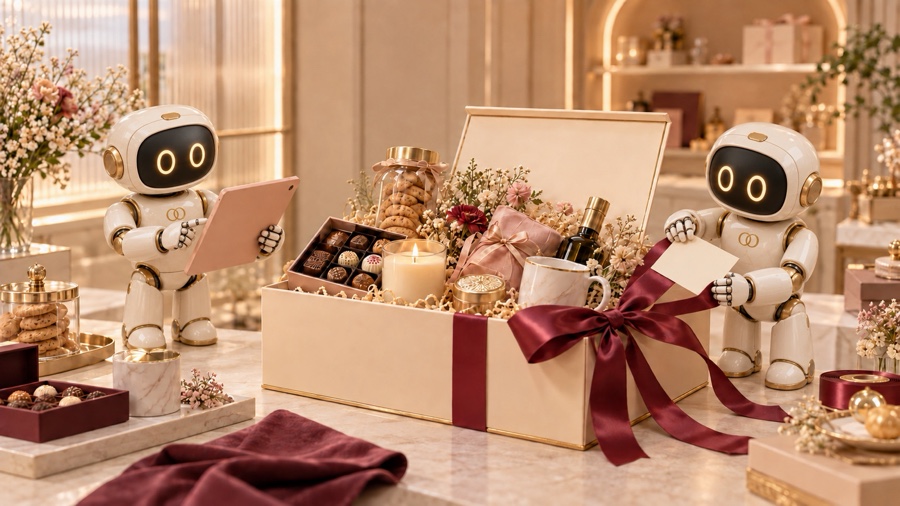 Two registered OO robots selecting gifts and finishing a personalised Angroos hamper