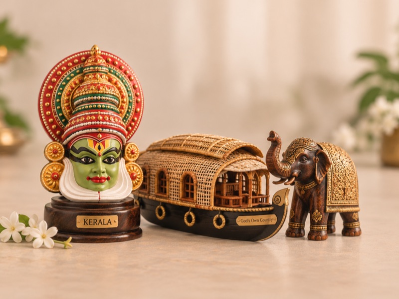 Kathakali figurine, miniature Kerala houseboat and decorated elephant