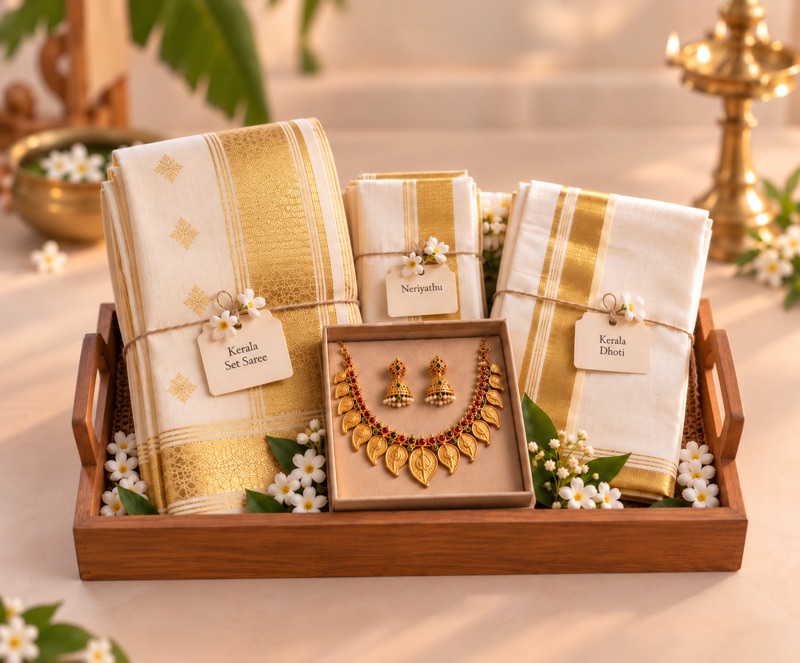 Kerala kasavu saree, neriyathu and dhoti with traditional jewellery
