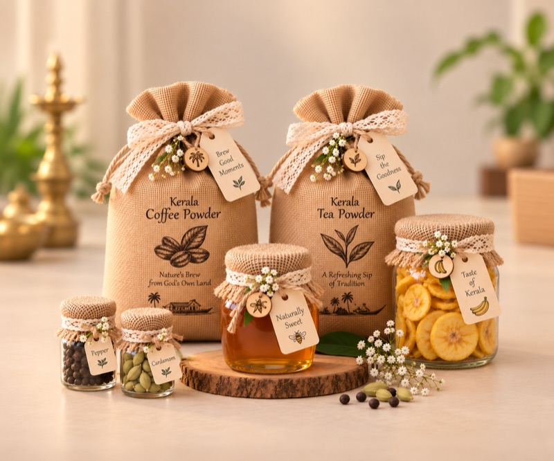 Kerala coffee, tea, banana chips, honey, pepper and cardamom gifts